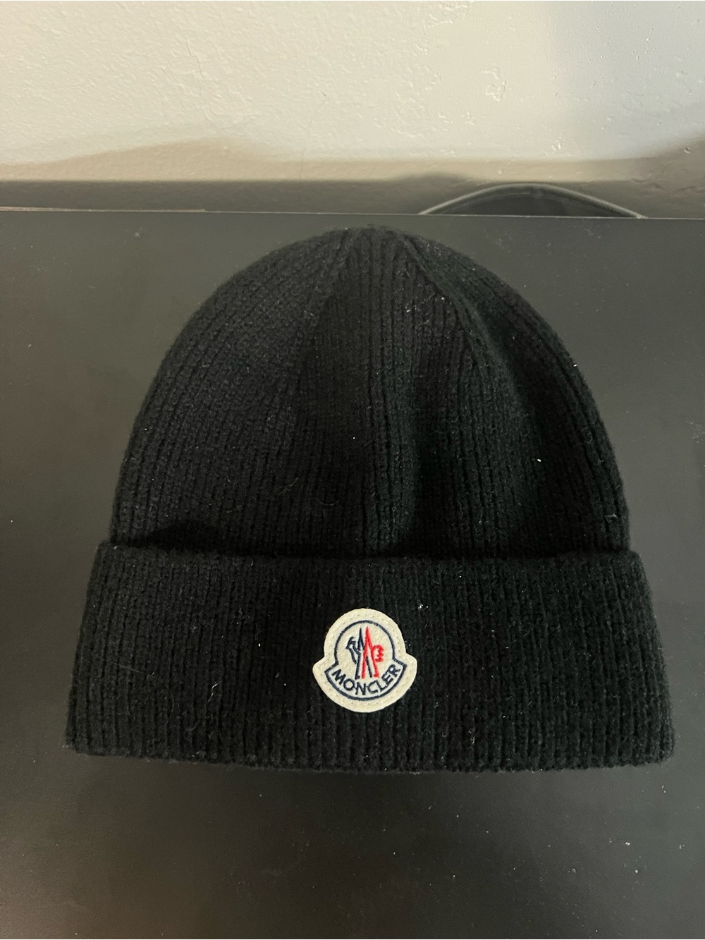 Moncler Black Knit Beanie with White Logo Patch